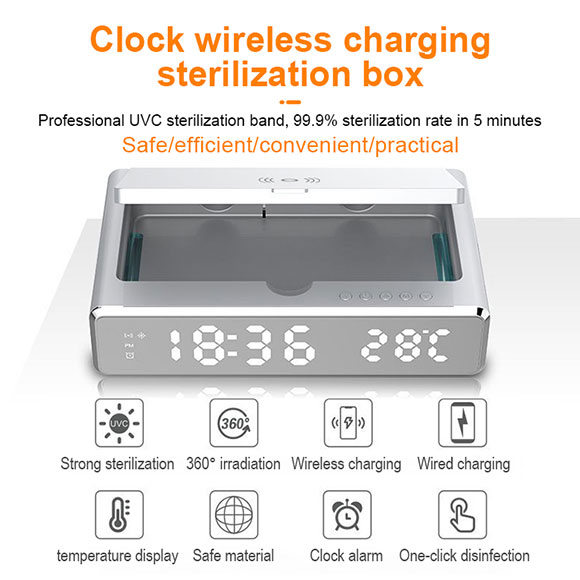 Newest private mould multifunctional Clock Disinfection Box with Wireless Charger LWS-6025